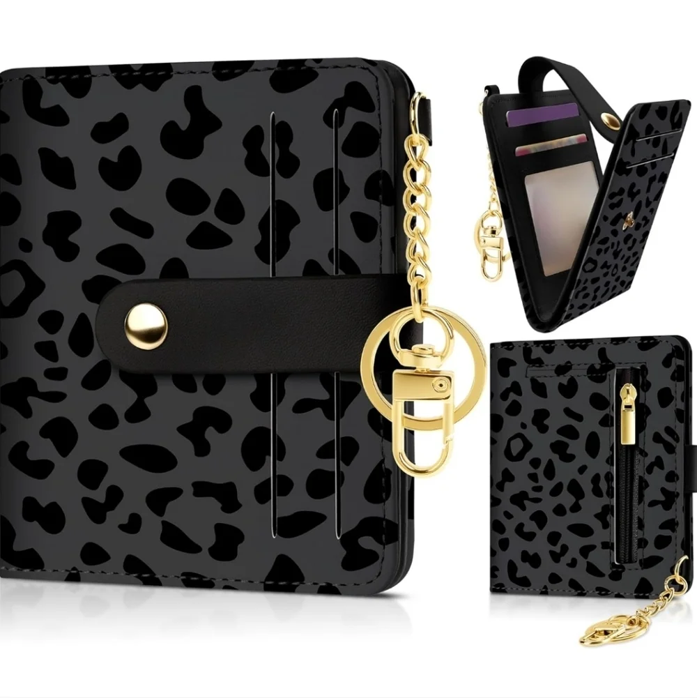 Leopard Print Black Wallet with Gold Accents